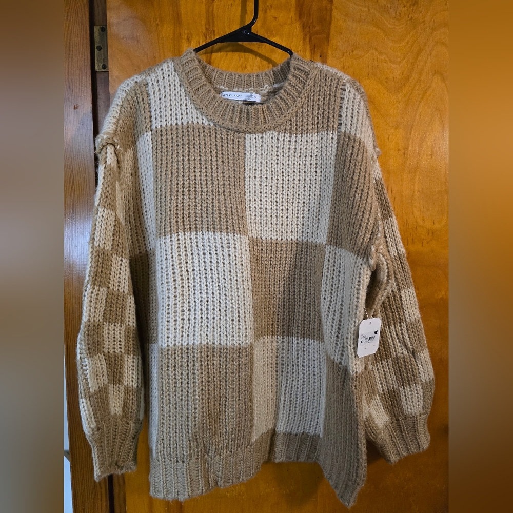NWT ALTAR'D STATE Cozy Checkered Knit Sweater - Brown and Cream, SIZE XXS, OVERS